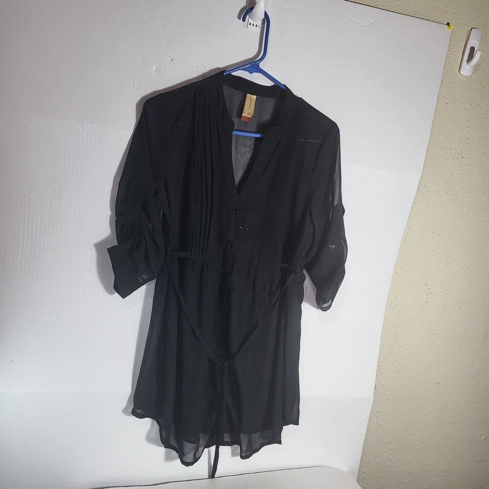 No Boundaries Button Up Shirt/Dress Women’s Sheer Black Long Sleeves V Neck Lg